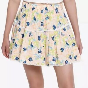 EUC Disney Stitch + Floral Print Mini Skirt with Built in Shorts